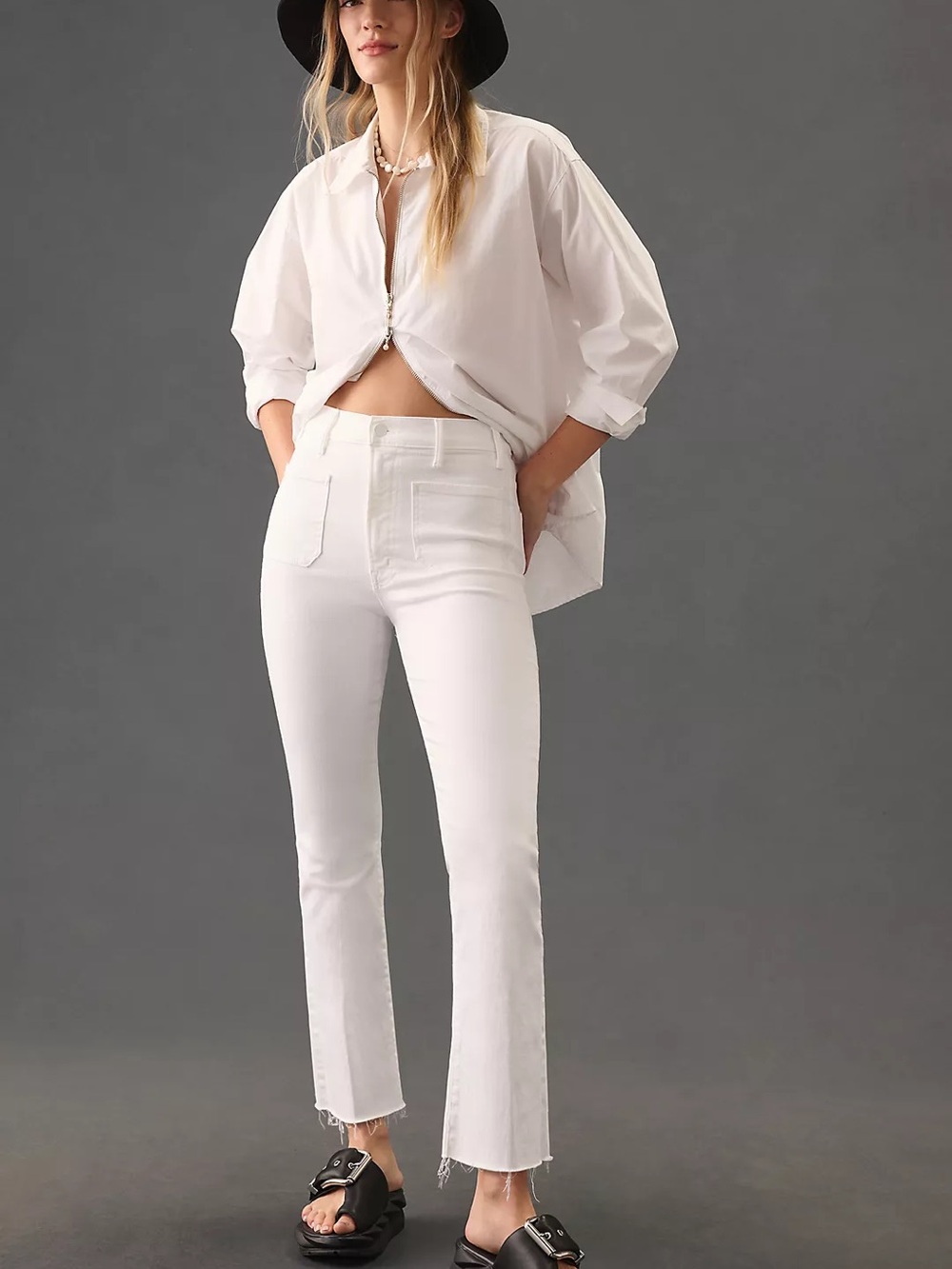 MOTHER The Hustler Patch Pocket High-Rise Ankle Fray Jeans